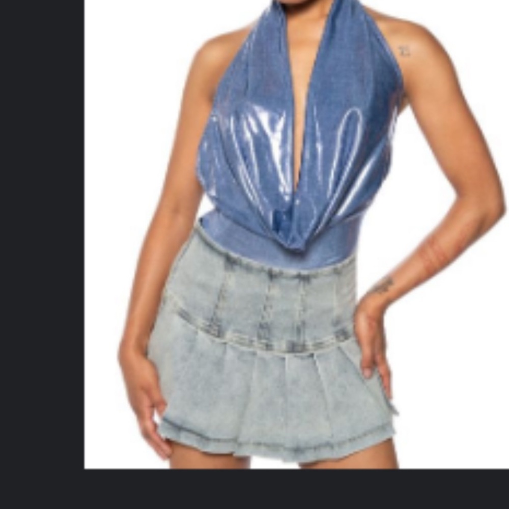 Cowl neck metallic bodysuit- Akira, size M, blueish metallic